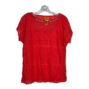 Ruby Rd. Petite Red Lace Top Gold Studded Neckline Short Sleeve Blouse